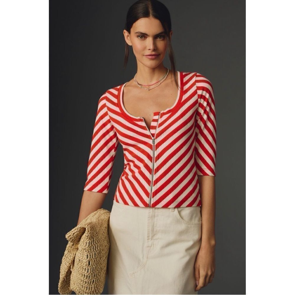 NEW Anthropologie Maeve Front-Zip Scoop-Neck Orange Striped Top Blouse Medium